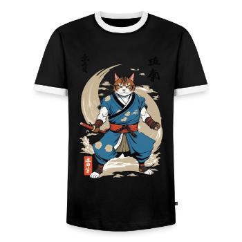 Samurai Cat Vintage Ukiyo-E Japanese - Men's Ringer Shirt - black/white - Front - AI Model Female 172 light (172cm) & AI Model Male 178 light (178cm)