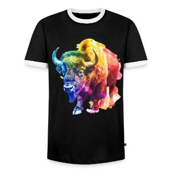 Colorful buffalo in rainbow colors - Men's Ringer Shirt - black/white - Front - AI Model Female 172 light (172cm) & AI Model Male 178 light (178cm)