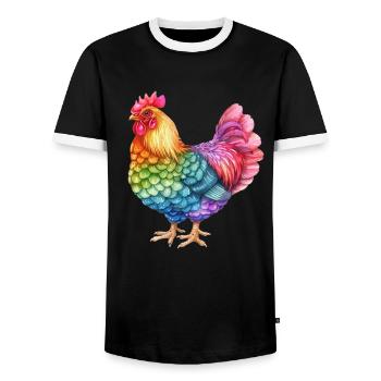 Colorful Chicken Rainbow - Colorful Chicken Life - Men's Ringer Shirt - black/white - Front - AI Model Female 172 light (172cm) & AI Model Male 178 light (178cm)