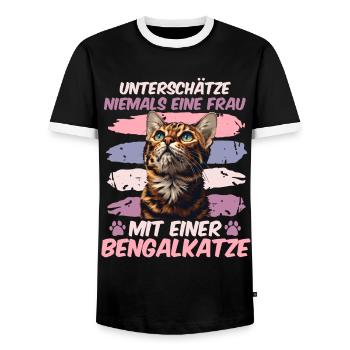 Bengal UNTERSCHÄTZE NIEMALS EINE FRAU MIT EINER - Männer Kontrast-T-Shirt - Schwarz/Weiß - Vorne - AI Model Female 172 light (172cm) & AI Model Male 178 light (178cm)