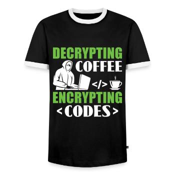 Decrypting Coffee Encrypting Codes - Hackers - Men's Ringer Shirt - black/white - Front - AI Model Female 172 light (172cm) & AI Model Male 178 light (178cm)