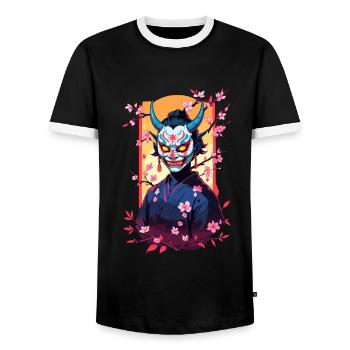 Oni Samurai Vaporwave Aesthetic Japan Culture - Men's Ringer Shirt - black/white - Front - AI Model Female 172 light (172cm) & AI Model Male 178 light (178cm)
