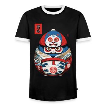 Japanese Daruma Aesthetic Yokai Streetwear - Men's Ringer Shirt - black/white - Front - AI Model Female 172 light (172cm) & AI Model Male 178 light (178cm)
