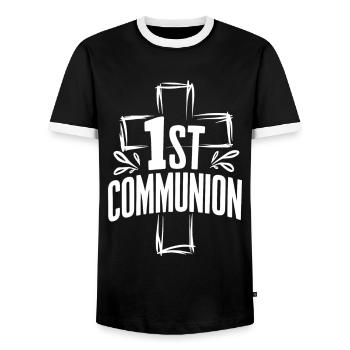 First Communion Cross Design - Men's Ringer Shirt - black/white - Front - AI Model Female 172 light (172cm) & AI Model Male 178 light (178cm)