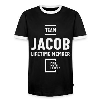 Team Jacob Lifetime Member Funny Name Jacob - Men's Ringer Shirt - black/white - Front - AI Model Female 172 light (172cm) & AI Model Male 178 light (178cm)