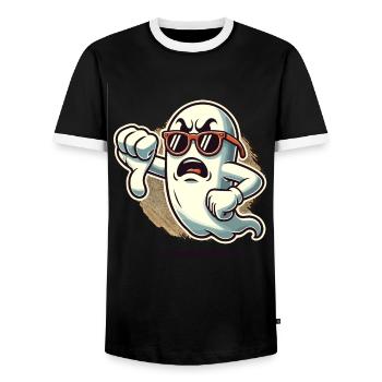 Cool Ghost gives thumbs down Halloween ghost - Men's Ringer Shirt - black/white - Front - AI Model Female 172 light (172cm) & AI Model Male 178 light (178cm)
