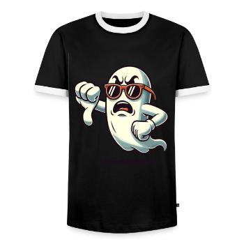 Cool Ghost Gives Thumbs Down Funny Halloween - Men's Ringer Shirt - black/white - Front - AI Model Female 172 light (172cm) & AI Model Male 178 light (178cm)
