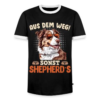 Aussie OUT OF THE WAY OTHERWISE SHEPHERDS Australian - Men's Ringer Shirt - black/white - Front - AI Model Female 172 light (172cm) & AI Model Male 178 light (178cm)