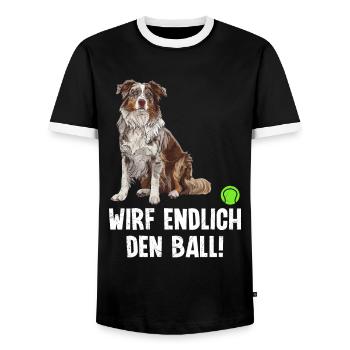 Australian Shepherd FINALLY THROW THE BALL! - Men's Ringer Shirt - black/white - Front - AI Model Female 172 light (172cm) & AI Model Male 178 light (178cm)