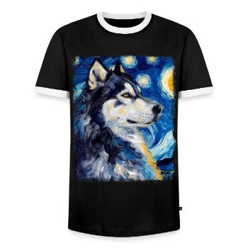 Alaskan Malamute Dog Starry Night Painting - Men's Ringer Shirt - black/white - Front - AI Model Female 172 light (172cm) & AI Model Male 178 light (178cm)