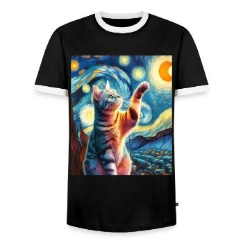 American Shorthair Cat Starry Night Painting - Men's Ringer Shirt - black/white - Front - AI Model Female 172 light (172cm) & AI Model Male 178 light (178cm)