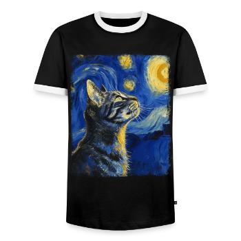 American Shorthair Cat Starry Night Painting - Men's Ringer Shirt - black/white - Front - AI Model Female 172 light (172cm) & AI Model Male 178 light (178cm)