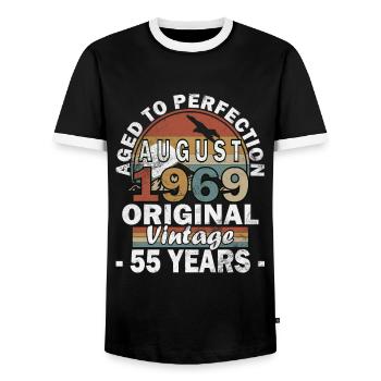 55 Years August - 1969 Vintage Birthday 55th - Men's Ringer Shirt - black/white - Front - AI Model Female 172 light (172cm) & AI Model Male 178 light (178cm)