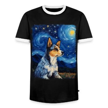 Australian Cattle Dog Dog Starry Night Painting - Men's Ringer Shirt - black/white - Front - AI Model Female 172 light (172cm) & AI Model Male 178 light (178cm)
