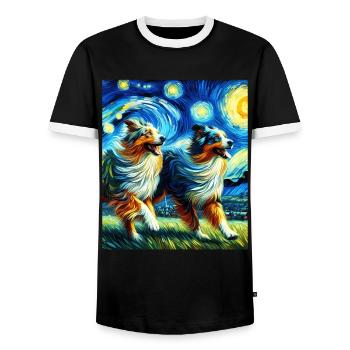 Australian Shepherd Herding Dog Starry Night Painting - Men's Ringer Shirt - black/white - Front - AI Model Female 172 light (172cm) & AI Model Male 178 light (178cm)