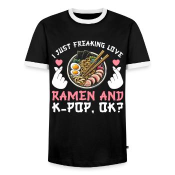 Ramen and K-Pop Merchandise Kawaii Finger Heart - Men's Ringer Shirt - black/white - Front - AI Model Female 172 light (172cm) & AI Model Male 178 light (178cm)