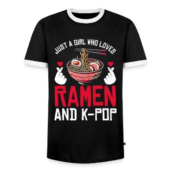 Ramen and K-Pop Merchandise Kawaii Finger Heart - Men's Ringer Shirt - black/white - Front - AI Model Female 172 light (172cm) & AI Model Male 178 light (178cm)