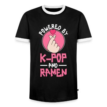 Ramen and K-Pop Merchandise Kawaii Finger Heart - Men's Ringer Shirt - black/white - Front - AI Model Female 172 light (172cm) & AI Model Male 178 light (178cm)