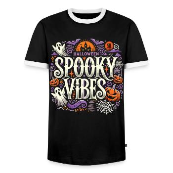 Halloween T-Shirt "Spooky Vibes" - Colorful - Men's Ringer Shirt - black/white - Front - AI Model Female 172 light (172cm) & AI Model Male 178 light (178cm)
