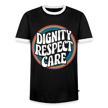 Social Worker, Social Work, Dignity, Respect, Care - Men's Ringer Shirt - black/white - Front - AI Model Female 172 light (172cm) & AI Model Male 178 light (178cm)
