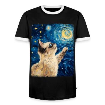 Birman Cat Starry Night Painting - Men's Ringer Shirt - black/white - Front - AI Model Female 172 light (172cm) & AI Model Male 178 light (178cm)