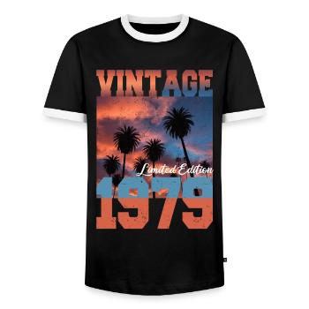 1979 Vintage Limited Edition Palmen Geboren 1979 - Männer Kontrast-T-Shirt - Schwarz/Weiß - Vorne - AI Model Female 172 light (172cm) & AI Model Male 178 light (178cm)