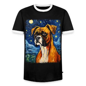 Boxer Dog Starry Night Painting - Men's Ringer Shirt - black/white - Front - AI Model Female 172 light (172cm) & AI Model Male 178 light (178cm)