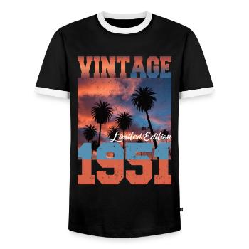 1951 Vintage Limited Edition Palmen Geboren 1951 - Männer Kontrast-T-Shirt - Schwarz/Weiß - Vorne - AI Model Female 172 light (172cm) & AI Model Male 178 light (178cm)