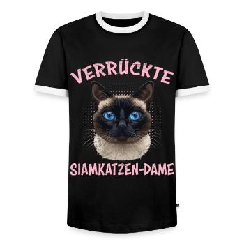 Siamkatzen VERRÜCKTE SIAMKATZEN-DAME Lustiges - Männer Kontrast-T-Shirt - Schwarz/Weiß - Vorne - AI Model Female 172 light (172cm) & AI Model Male 178 light (178cm)