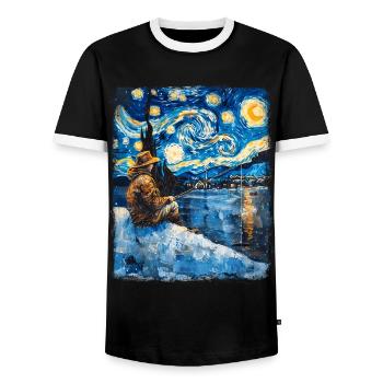 Eisfischen Eisfischer Fischer Sternennacht Gemälde - Männer Kontrast-T-Shirt - Schwarz/Weiß - Vorne - AI Model Female 172 light (172cm) & AI Model Male 178 light (178cm)