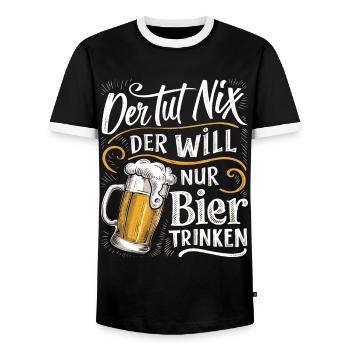 He doesn't do anything, he just wants to drink beer - Men's Ringer Shirt - black/white - Front - AI Model Female 172 light (172cm) & AI Model Male 178 light (178cm)