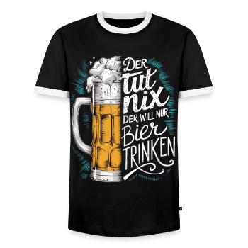 He doesn't do anything, he just wants to drink beer - Men's Ringer Shirt - black/white - Front - AI Model Female 172 light (172cm) & AI Model Male 178 light (178cm)