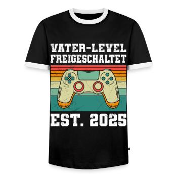 FATHER LEVEL UNLOCKED EST. 2025 Expectant - Men's Ringer Shirt - black/white - Front - AI Model Female 172 light (172cm) & AI Model Male 178 light (178cm)