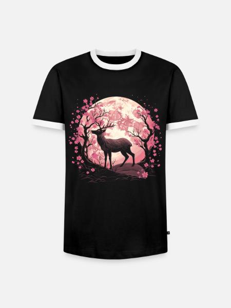 Deer Japan Cherry Blossom Moon - Men's Ringer Shirt - black/white