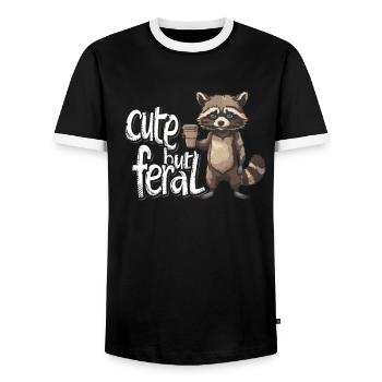 Cartoon Cute but feral Waschbär Kaffee Trinker - Männer Kontrast-T-Shirt - Schwarz/Weiß - Vorne - AI Model Female 172 light (172cm) & AI Model Male 178 light (178cm)