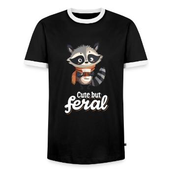 Lustiger Waschbär Kaffee Trinker - Cute but feral - Männer Kontrast-T-Shirt - Schwarz/Weiß - Vorne - AI Model Female 172 light (172cm) & AI Model Male 178 light (178cm)
