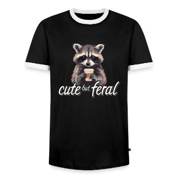 Kaffee Trinker Waschbär Cartoon - Cute but feral - Männer Kontrast-T-Shirt - Schwarz/Weiß - Vorne - AI Model Female 172 light (172cm) & AI Model Male 178 light (178cm)