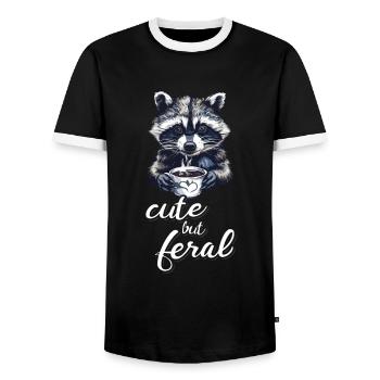Mignon mais sauvage buveur de café raton laveur dessin animé - T-shirt contrasté Homme - noir/blanc - Devant - AI Model Female 172 light (172cm) & AI Model Male 178 light (178cm)