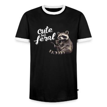 Funny raccoon coffee drinker - Cute but feral - Men's Ringer Shirt - black/white - Front - AI Model Female 172 light (172cm) & AI Model Male 178 light (178cm)