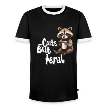Mignon mais sauvage buveur de café raton laveur dessin animé - T-shirt contrasté Homme - noir/blanc - Devant - AI Model Female 172 light (172cm) & AI Model Male 178 light (178cm)
