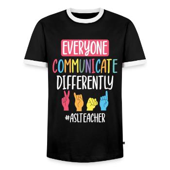 Professeur d’ASL Langue des signes américaine - T-shirt contrasté Homme - noir/blanc - Devant - AI Model Female 172 light (172cm) & AI Model Male 178 light (178cm)