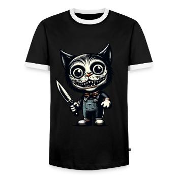 Creepy Cat Psycho Pet Halloween Decoration - Men's Ringer Shirt - black/white - Front - AI Model Female 172 light (172cm) & AI Model Male 178 light (178cm)