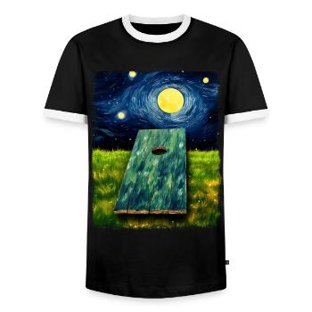 Cornhole Team Player Starry Night Painting - Men's Ringer Shirt - black/white - Front - AI Model Female 172 light (172cm) & AI Model Male 178 light (178cm)