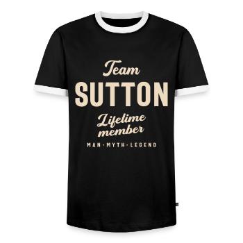 Team Sutton Lifetime Member Name Sutton - Men's Ringer Shirt - black/white - Front - AI Model Female 172 light (172cm) & AI Model Male 178 light (178cm)