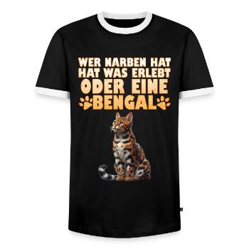 Bengalkatze WER NARBEN HAT HAT WAS ERLEBT ODER - Männer Kontrast-T-Shirt - Schwarz/Weiß - Vorne - AI Model Female 172 light (172cm) & AI Model Male 178 light (178cm)