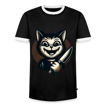 Creepy Cat Psycho Pet Halloween Decoration - Men's Ringer Shirt - black/white - Front - AI Model Female 172 light (172cm) & AI Model Male 178 light (178cm)