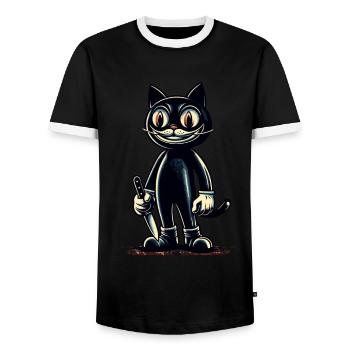 Creepy Cat Psycho Pet Halloween Decoration - Men's Ringer Shirt - black/white - Front - AI Model Female 172 light (172cm) & AI Model Male 178 light (178cm)