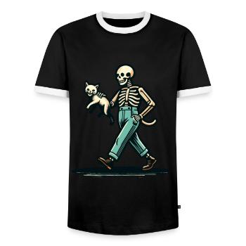 Funny Retro Cartoon Skeleton Cat Owner - Men's Ringer Shirt - black/white - Front - AI Model Female 172 light (172cm) & AI Model Male 178 light (178cm)