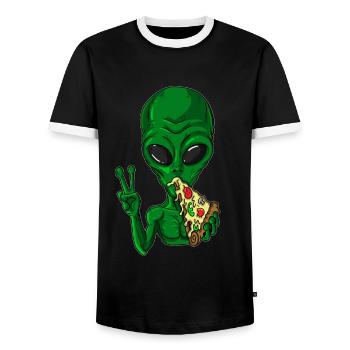 Green alien alien loves pizza lover - Men's Ringer Shirt - black/white - Front - AI Model Female 172 light (172cm) & AI Model Male 178 light (178cm)