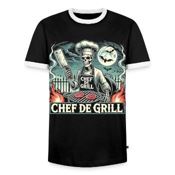 Skeleton Chef at the Grill Halloween – Chef de Grill - Men's Ringer Shirt - black/white - Front - AI Model Female 172 light (172cm) & AI Model Male 178 light (178cm)